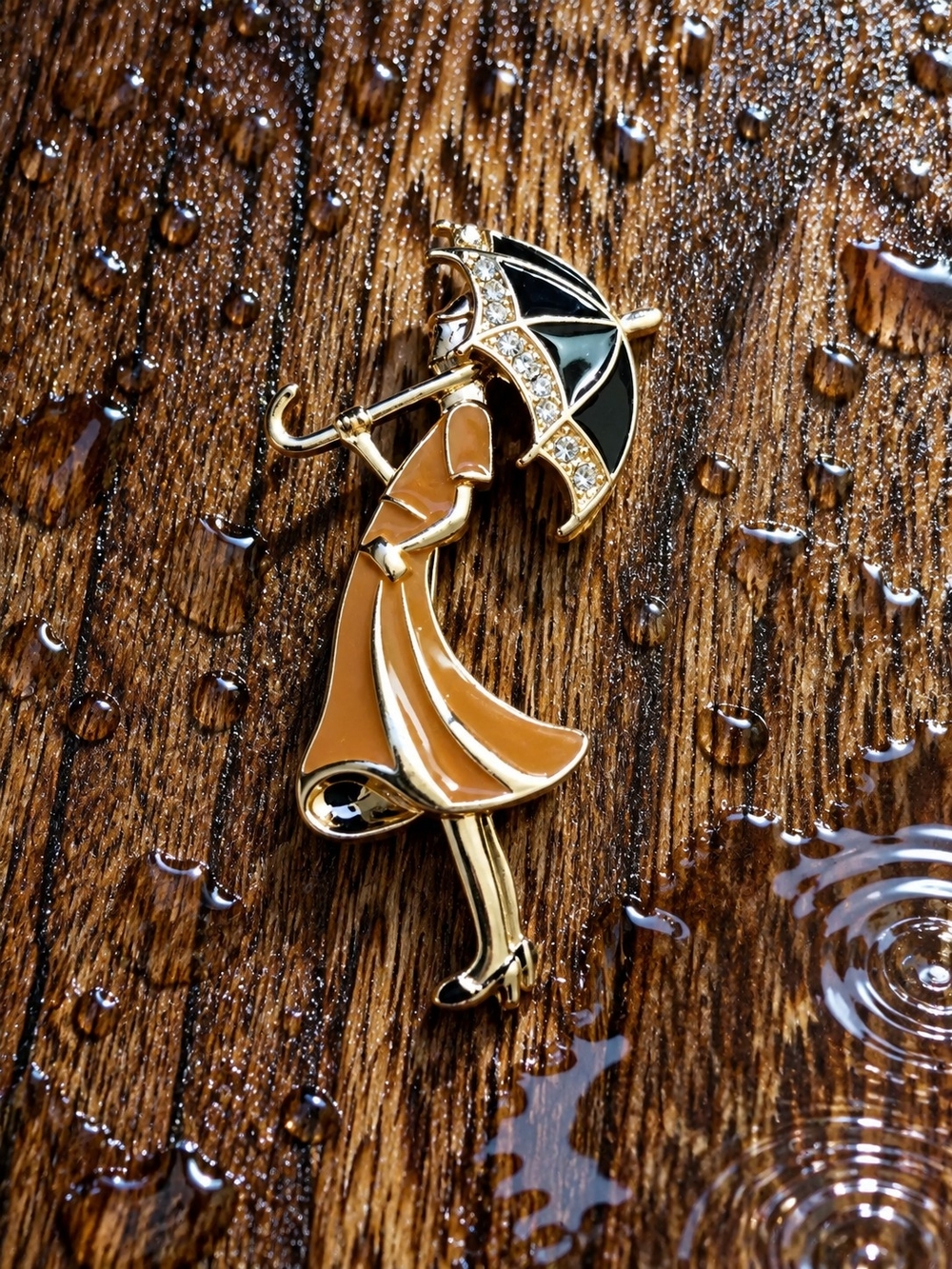 Mint Gold-Tone Enamel Woman with Black Umbrella Brooch